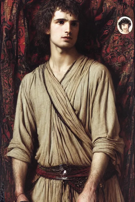 Image similar to attractive male, the lord of the rings, orientalist intricate portrait by john william waterhouse and edwin longsden long and theodore ralli and nasreddine dinet, hyper realism, dramatic lighting