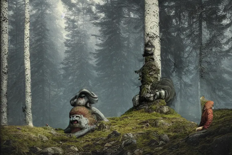 Prompt: huge mountain troll in a swedish forest, very low angle photograph, very detailed, trending on artstation, realistic, soft colors, illustration by john bauer, simon stålenhag