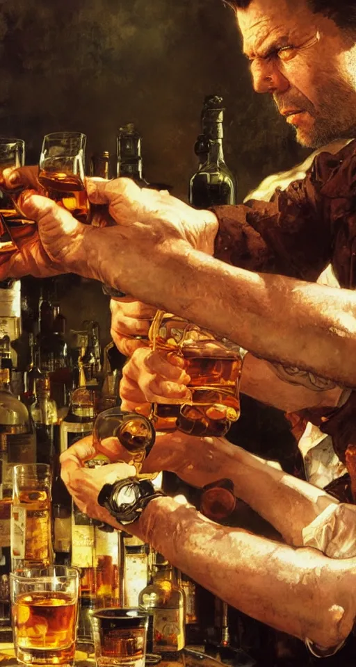 Image similar to close up of bloodied max payne pouring whisky, sun shining, photo realistic illustration by greg rutkowski, thomas kindkade, alphonse mucha, loish, norman rockwell.