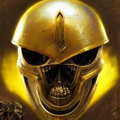 Prompt: three quarter view of a knights helmet gold skull face mask by donato giancola and greg rutkowski, vintage retro scifi, realistic face, digital art, trending on artstation