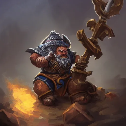 Prompt: dwarf in heavy armor holding a large warhammer and riding a boar mount, highly detailed, digital painting, artstation, concept art, matte, sharp focus, illustration, hearthstone