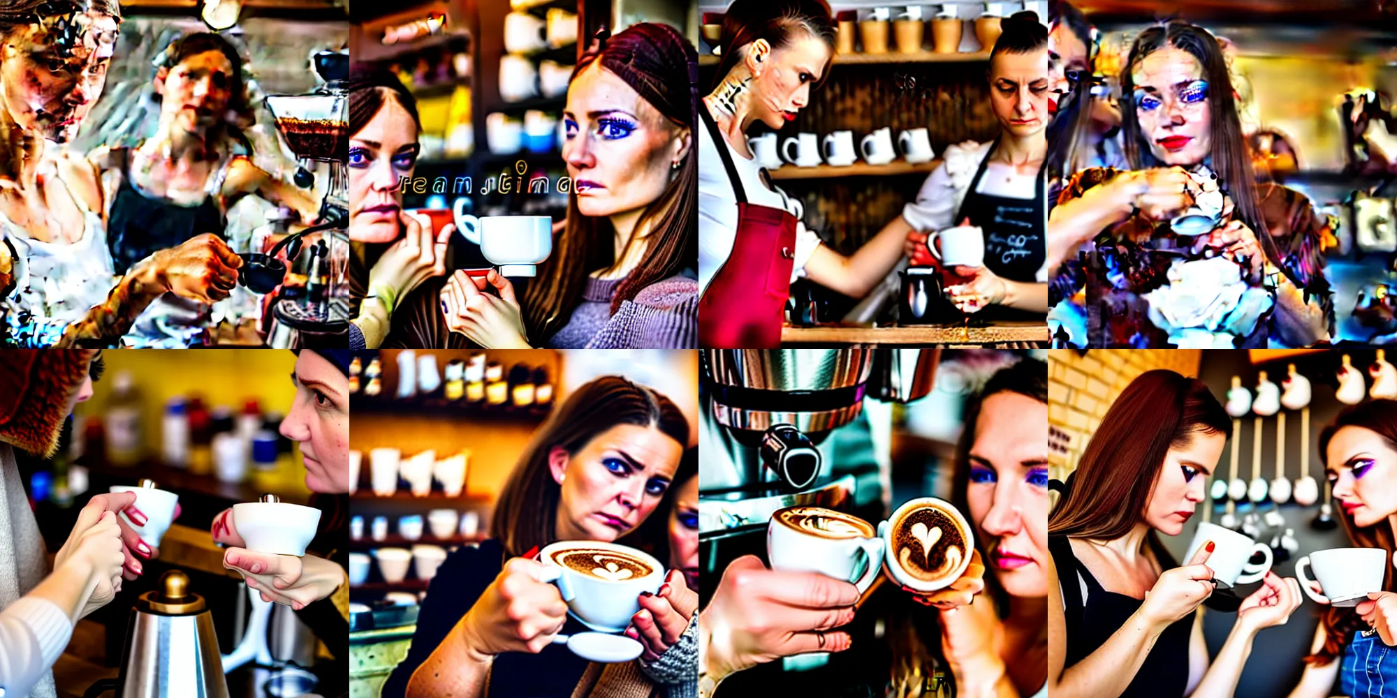 Prompt: professional close-up photo of two women creating a coffee in a shop very detailed eyes, Ukraine. professional photo