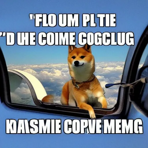 Image similar to doge is the pilot of a commercial jet. whimsical photo meme. kabosu the shiba - inu.