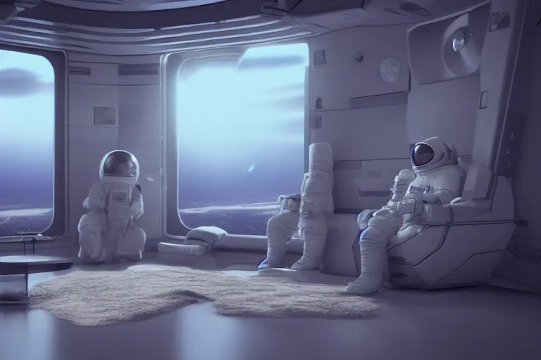 Image similar to photo realistic octane render of a living room in a space station with a sad astronaut looking out the window at earth