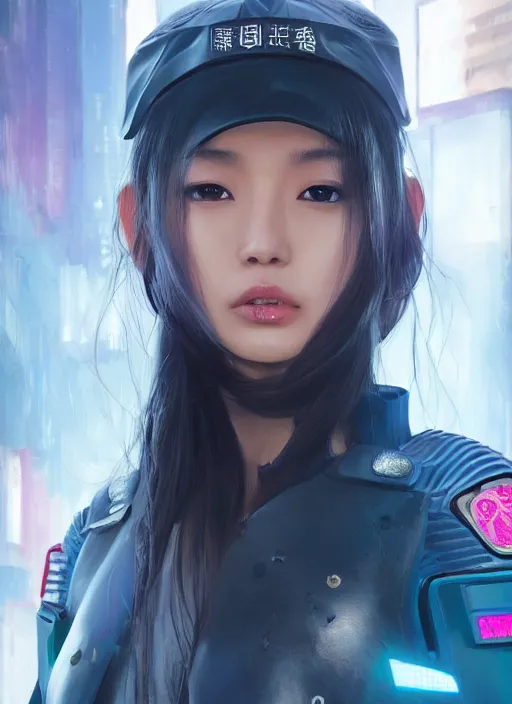 Image similar to portrait of angelababy, futuristic hong kong police uniform girl, shadowrun au naturel, hyper detailed, digital art, trending in artstation, cinematic lighting, studio quality, smooth render, unreal engine 5 rendered, octane rendered, art style by klimt and nixeu and ian sprigger and wlop and krenz cushart