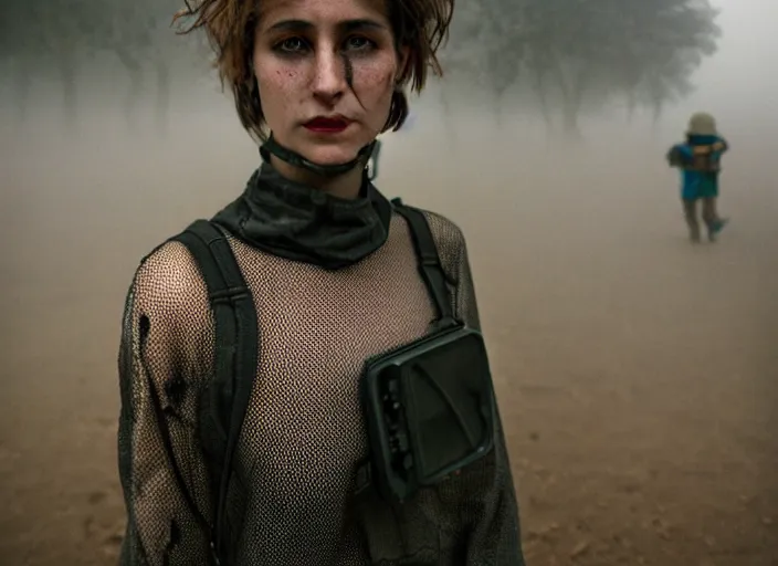 Prompt: cinestill 5 0 d photographic portrait by helen levitt of a group of cute android women wearing rugged black mesh techwear in a foggy cement maze, extreme closeup, modern cyberpunk, dust storm, 8 k, hd, high resolution, 3 5 mm, f / 3 2, ultra realistic faces, intricate detail, ex machina