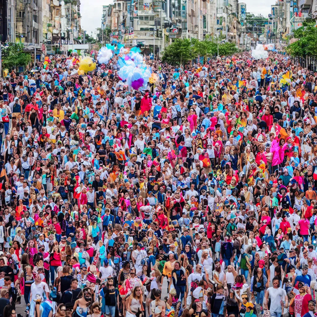 Image similar to a large street parade, everyone is wearing unique paper masks, professional photography