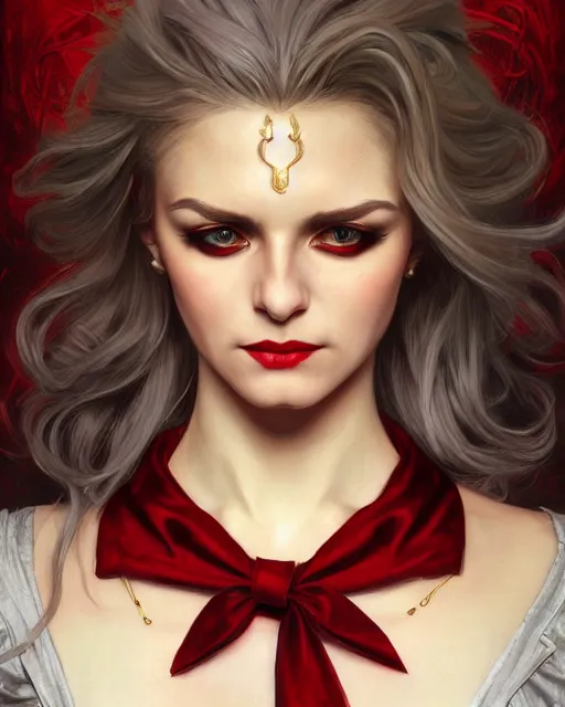 Image similar to female queen vampire, perfect face, gold waistcoat, red shirt, long grey hair, red necktie, cinematic, stunning, highly detailed, digital painting, artstation, smooth, hard focus, illustration, art by artgerm and greg rutkowski and alphonse mucha