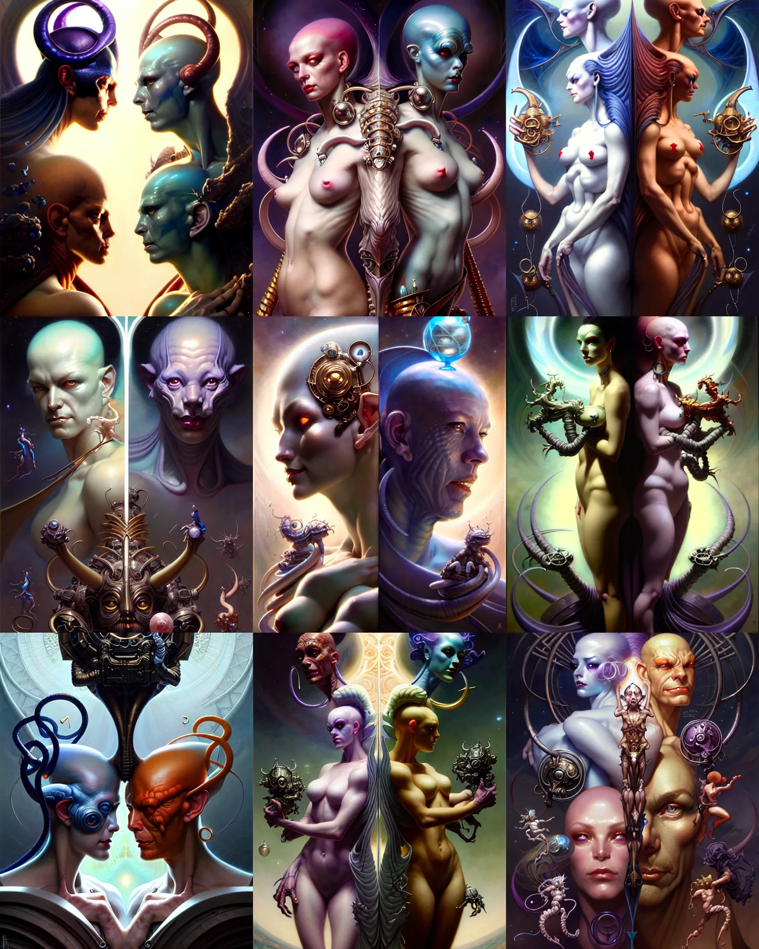 Image similar to beautiful gemini good and evil, happy and sad faces, fantasy character portrait, ultra realistic, wide angle, intricate details, the fifth element artifacts, highly detailed by peter mohrbacher, boris vallejo, hajime sorayama, wayne barlowe, aaron horkey, gaston bussiere, craig mullins