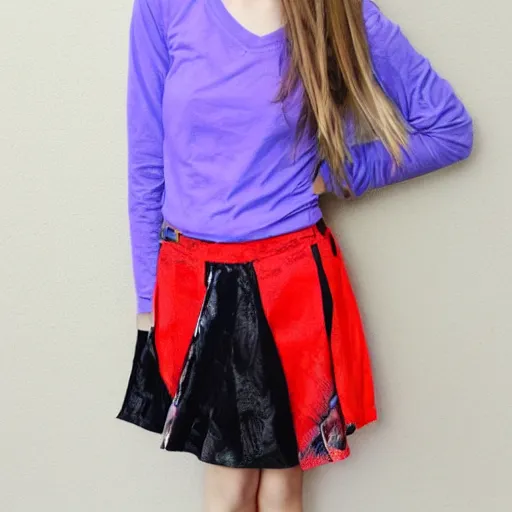 Prompt: pretty short girl with long straight hair, skirt, long sleeve band shirt