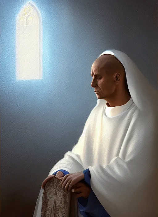 Image similar to oil painting portrait of a crying sad weeping sobbing tonsured dominican monk in a white habit, kneeling in a blue cold moonlit empty small chapel at night, hazy, digital art, chiaroscuro, artstation, cinematic, moonlight, digital art painting by greg rutkowski, hazy atmosphere, candles, cinematic blue lighting