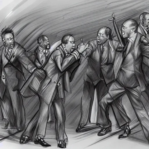 Image similar to highly detailed realistic sketch of UN members in suits yelling at a cyborg samurai, fear and anger in their eyes, colored , award winning , masterpiece on a scroll , post-processing