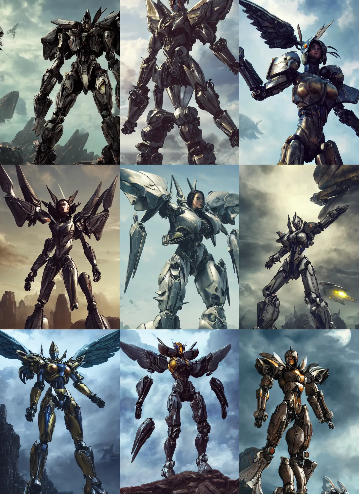 Prompt: muscular woman wearing armor with large mecha wings flying into the sky, matte painting, brutalist painting, Anthem game, battle angel, single character full body, 4k, illustration, concept art, rule of thirds, centered, transformers