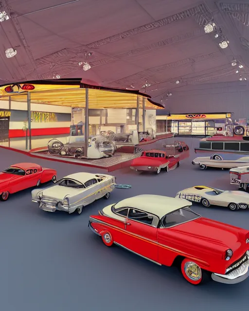 Image similar to indoors of car show pavilion with great cars of 1950s with stages like drive in and gas station, volumetric lighting, 1950s palette, hyper realism, high detail, octane render, high contrast , 8k