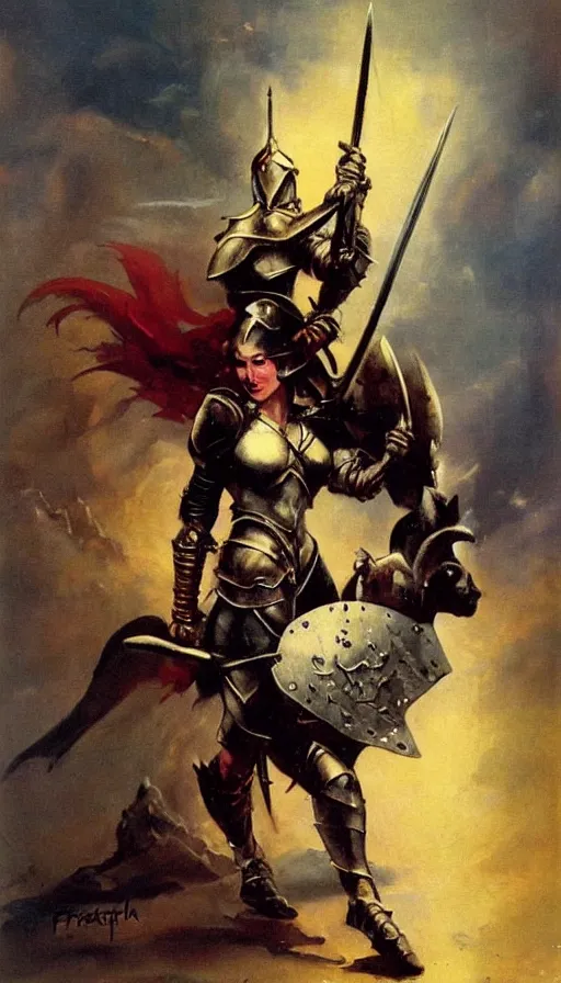 Prompt: fantasy painting by Frank Frazetta portraying a female knight in armor,wielding a sword,high quality,portrait en buste,beautiful,detailed