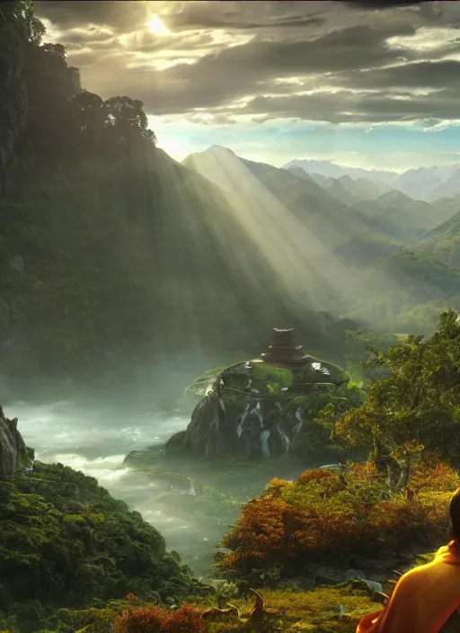 Prompt: an astral monk in lord of the rings scenery landscape, looking out at a vast lush valley at sunrise, big tibetan temple complex on a mountain in the distance, river, waterfall, god's rays, highly detailed, vivid color, cinematic lighting, perfect composition, 8 k, gustave dore, derek zabrocki, greg rutkowski, belsinski, octane render