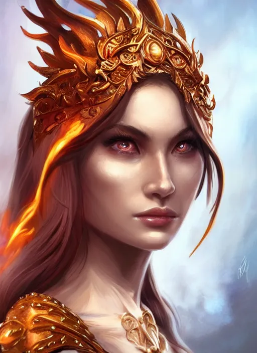 Prompt: up close portrait of a beautiful flame goddess, d & d, face, fantasy, intricate, elegant, highly detailed, digital painting, artstation hq, concept art, smooth, sharp focus, 4 k uhd, illustration, art by artgerm and mingchen shen, trending on artstation