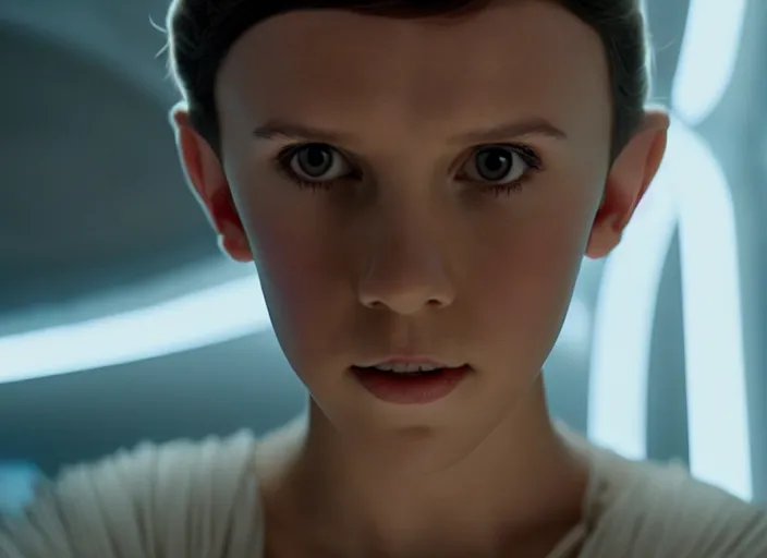 Image similar to film still of!!!! millie bobby brown!!! as princess leia in a white dress in star wars movie, closeup portrait, exploring interior of a spaceship, glamour pose, dramatic lighting, octane, mist, volumetric lighting, 8 k