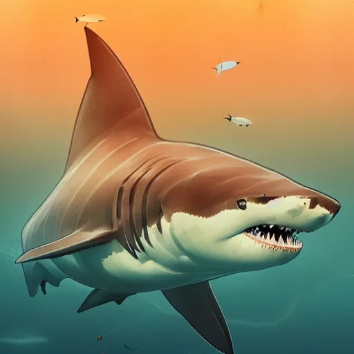 Image similar to great white shark, orange and white striped traffic cones as fins, underwater background detailed atmospheric - ron cheng & alphonse mucha, highly detailed, digital painting, ray tracing, concept art, illustration, smooth sharp focus, intricate, symmetry, artstation,