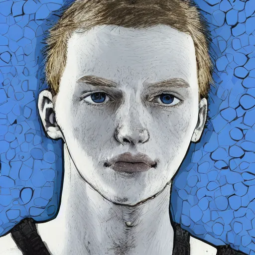 Image similar to face portrait of a thin young man with red hair and freckles, blue eyes, a long nose, highly detailed, digital art