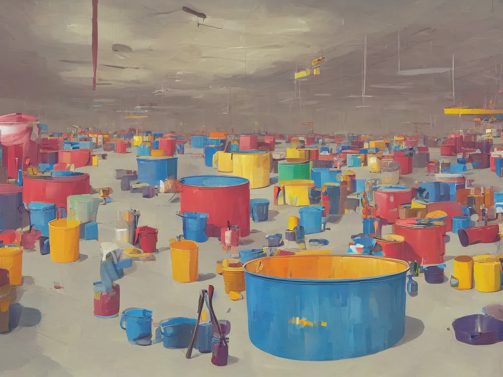 Image similar to a large room and colorful paint buckets in the style of simon stalenhag