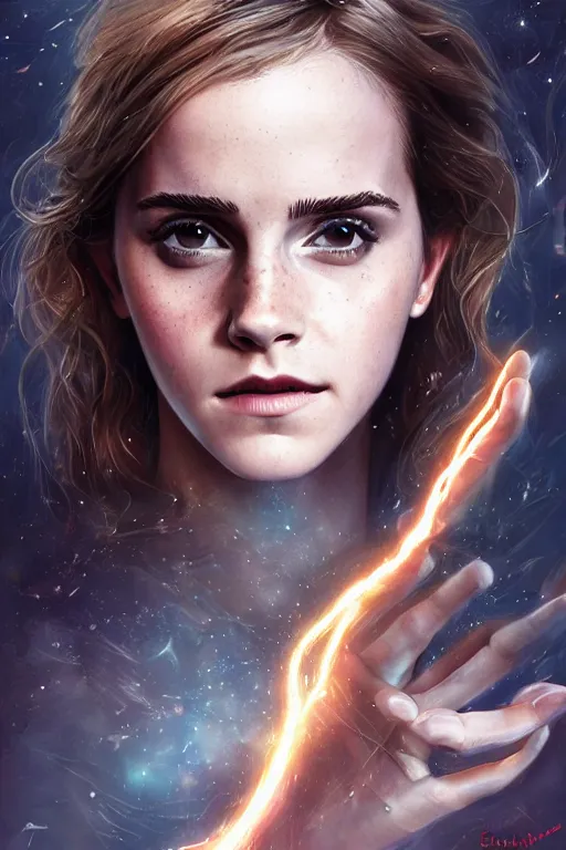 Image similar to a photo of Emma Watson using her superpower of energy, fantasy, intricate, beautiful, highly detailed, digital painting, artstation, concept art, smooth, high resolution, sharp focus, illustration