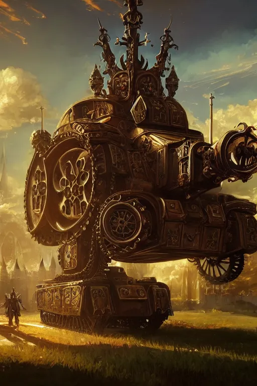 Prompt: a mobile driving ornate cathedral church mounted on a tank with chain drive, warhammer 4 0, scene in an open field. key visual, conceptart, ambient lighting, highly detailed, digital painting, artstation, concept art, sharp focus, by makoto shinkai and akihiko yoshida and kris kuksi