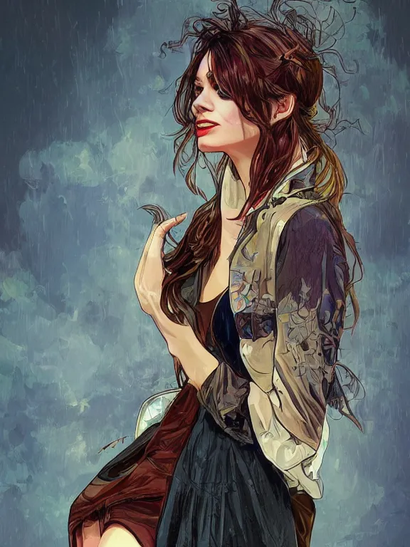 Image similar to digital illustration of a girl with eyes that burn like cigarettes wearing a short skirt and a long jacket with fingernails that shine like justice, dramatic lighting, photorealistic, extreme detail, 4 k, colorful, artgerm and alphonse mucha