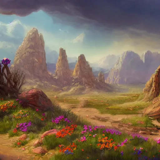 Prompt: a matte painting of the wild west, patchy flowers and rocks, oil painting, pale colors, high detail, 8 k, wide angle, trending on artstation,