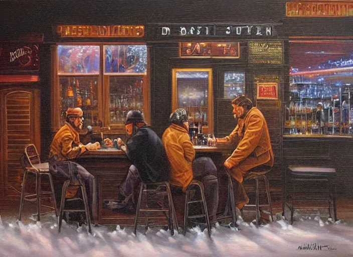 Image similar to a painting of two men sitting at bar during a blizzard by Michael Whelan, dim lighting, ominous tone.