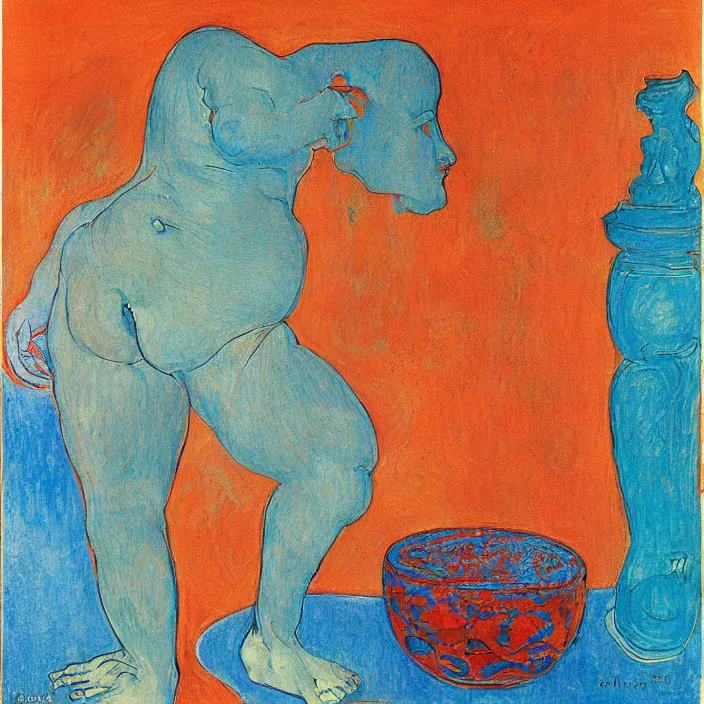 Prompt: tantric deity with vase. indigo blue, turquoise, cinnabar. henri de toulouse - lautrec, ferdand hodler, egon schiele, gauguin