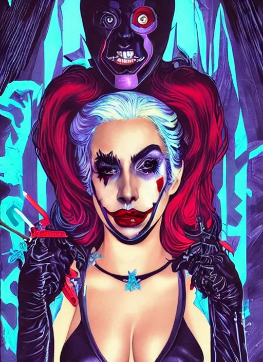 Prompt: beautiful lady gaga as harley quinn, horror, high details, intricate details, by vincent di fate, artgerm julie bell beeple, 1 9 8 0 s, inking, vintage 8 0 s print, screen print