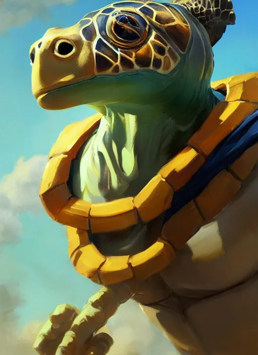 Image similar to Greg Manchess portrait painting of an anthropomorphic sea turtle character from league of legends, full shot, asymmetrical, splashscreen, Organic Painting, sunny day, Matte Painting, bold shapes, hard edges, cybernetic, street art, trending on artstation, by Huang Guangjian and Gil Elvgren and Sachin Teng