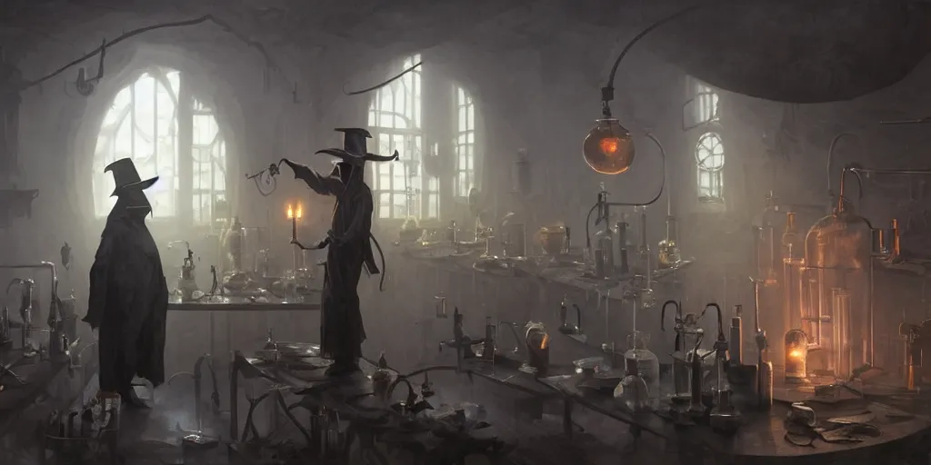 Image similar to a plague doctor and a humanoid rat in a laboratory with lots of flasks filled with magic liquids and poisonous fog, stephen bliss, unreal engine, fantasy art by greg rutkowski, loish, rhads, ferdinand knab, ilya kuvshinov, rossdraws, tom bagshaw, global illumination, radiant soft light, detailed and intricate environment