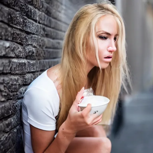 Image similar to close up photo of a fully clothed blonde model on her knees with yoghurt dripping from her face in an alley