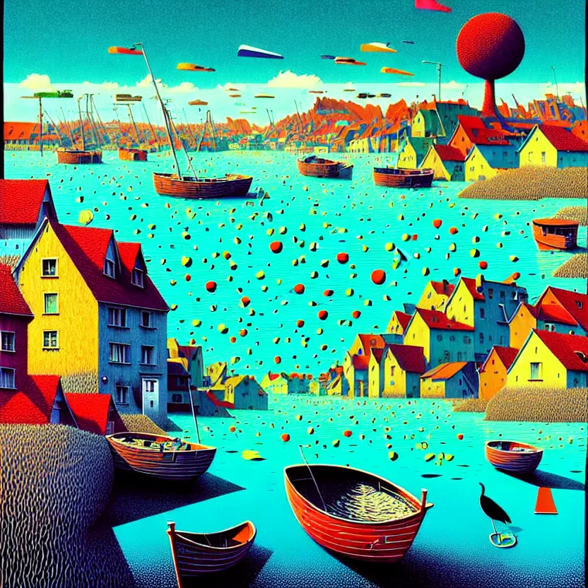 Prompt: surreal glimpse into other universe, a modern sea port, summer morning, very coherent and colorful high contrast, art by!!!! gediminas pranckevicius!!!!, geof darrow, floralpunk screen printing woodblock, dark shadows, hard lighting, stipple brush technique,