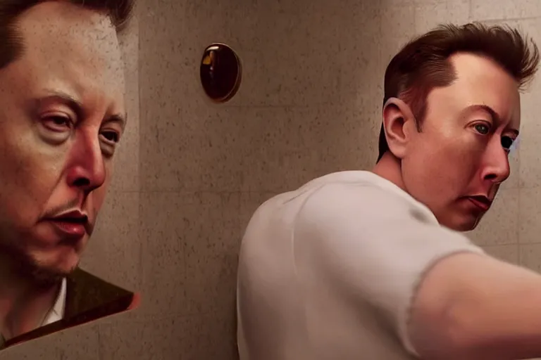 Image similar to hyperrealism aesthetic ridley scott and denis villeneuve style fashion photography of a detailed hyperrealism elon musk, siting on a detailed hyperrealism toilet and scrolling his detailed smartphone in hyperrealism scene from detailed art house movie in style of alejandro jodorowsky and wes anderson