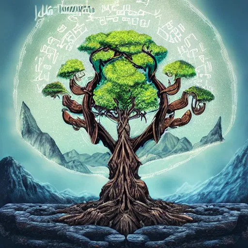 Image similar to The beautiful Yggdrasil world tree etched with futhark runes, standing in a mountainous valley, cartoon digital art