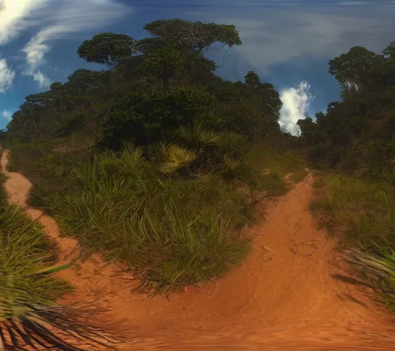 Prompt: First-Person VR gameplay POV screenshot. Walking through Papua New Gunea. Trending on Artstation. Lighting, colors, and shading by James Gurney.