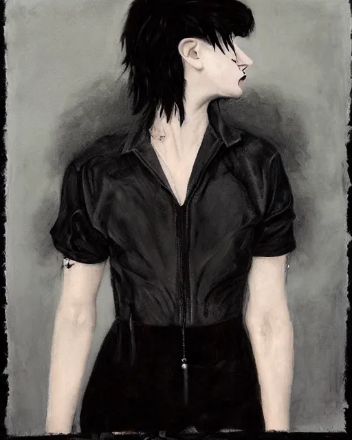 Image similar to A goth portrait painted by Dan Witz. Her hair is dark brown and cut into a short, messy pixie cut. She has a slightly rounded face, with a pointed chin, large entirely-black eyes, and a small nose. She is wearing a black tank top, a black leather jacket, a black knee-length skirt, a black choker, and black leather boots.