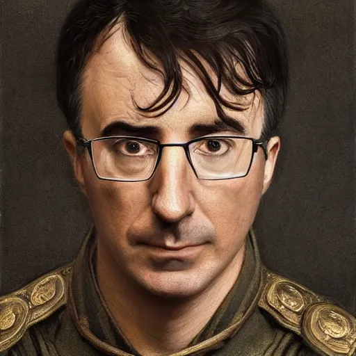 Image similar to portrait of stoic looking john oliver as in the vigo carpathian painting, full body, military uniform, fantasy, intricate, elegant, beautiful, highly detailed, charcoal, centered, dark, smokey, digital painting, artstation, concept art, smooth, sharp focus, illustration, art by artgerm and greg rutkowski and alphonse mucha