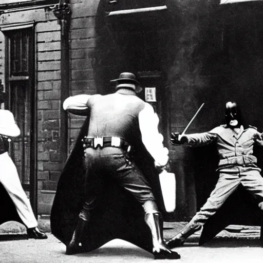 Image similar to old black and white photo, 1 9 2 5, depicting batman fighting a al capone in an ally of new york city, rule of thirds, historical record