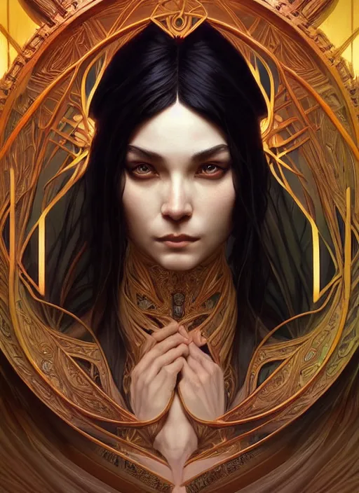 Image similar to symmetry!! portrait of a female sorcerer, dar fantasy, intricate, elegant, highly detailed, my rendition, digital painting, artstation, concept art, smooth, sharp focus, illustration, art by artgerm and greg rutkowski and alphonse mucha and huang guangjian and android jones and sachin teng