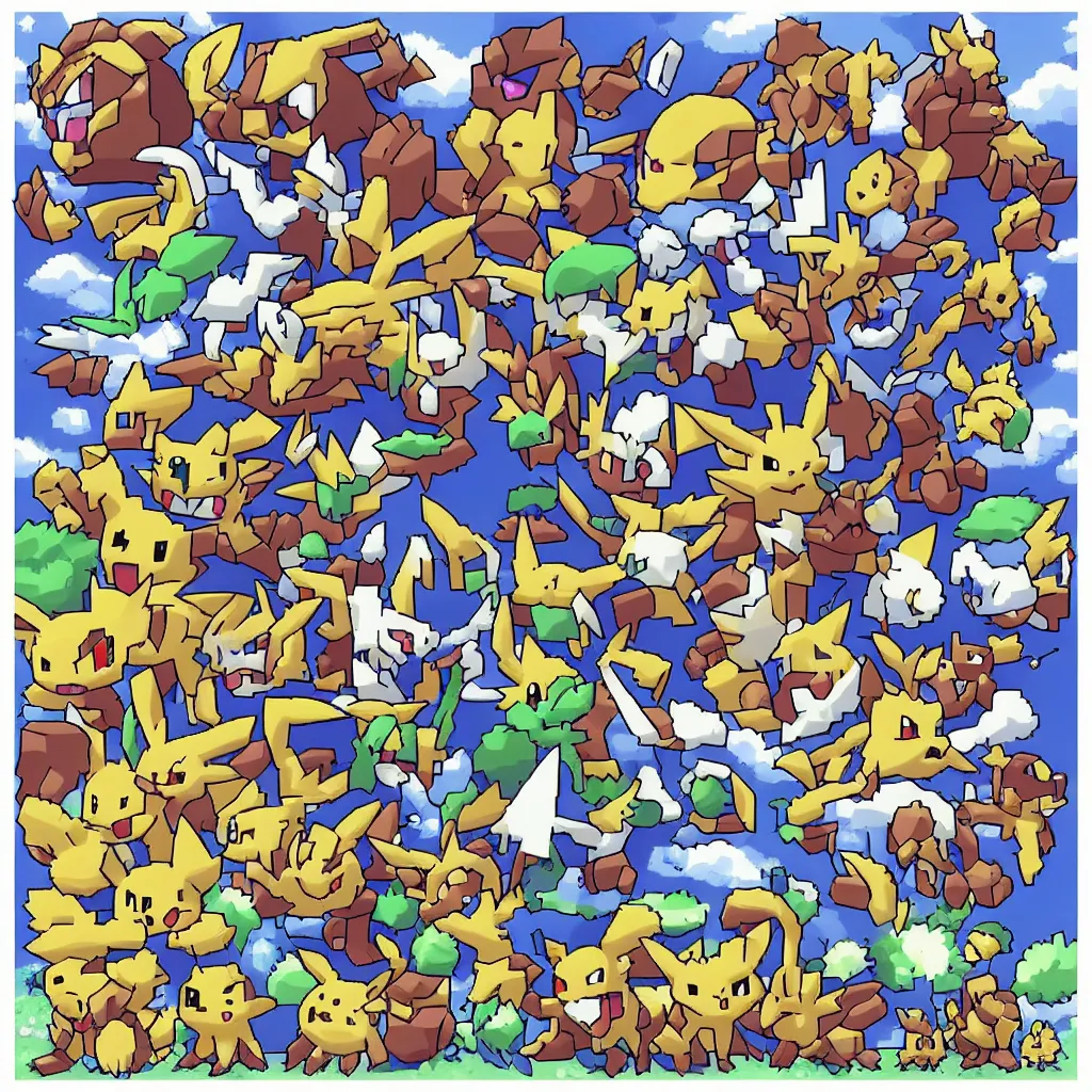 Image similar to pixelated pokemon monster inspired by ragnarok online, 1 2 8 bit, 1 0 0 0 x 1 0 0 0 pixel art, 4 k, super detailed, nintendo game, pixelart, high quality, no blur, sharp geometrical squares, concept pixelart