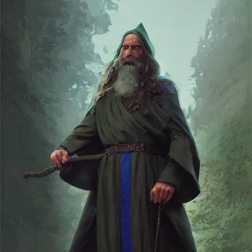 Prompt: Portrait of a middle aged elf, long beard, blue robes, olive skin and a raised fist, detailed face, cinematic lighting, highly detailed, digital art painting by greg rutkowski