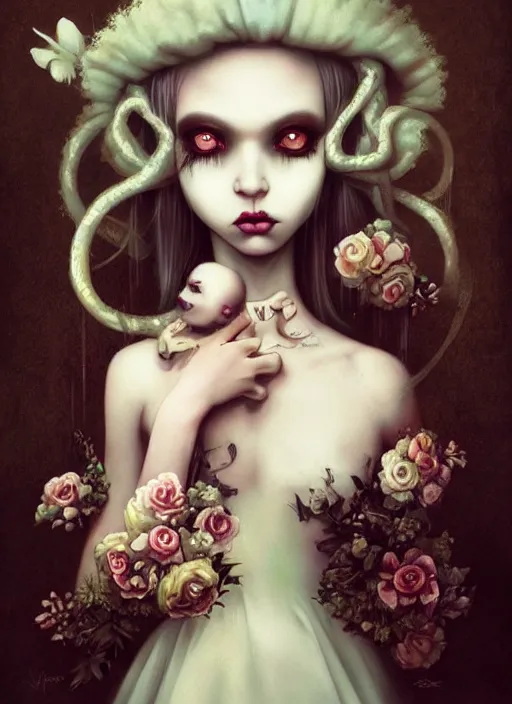 Image similar to pop surrealism, lowbrow art, realistic cute bride ghost girl painting, japanese street fashion, hyper realism, muted colours, rococo, natalie shau, loreta lux, tom bagshaw, mark ryden, trevor brown style,