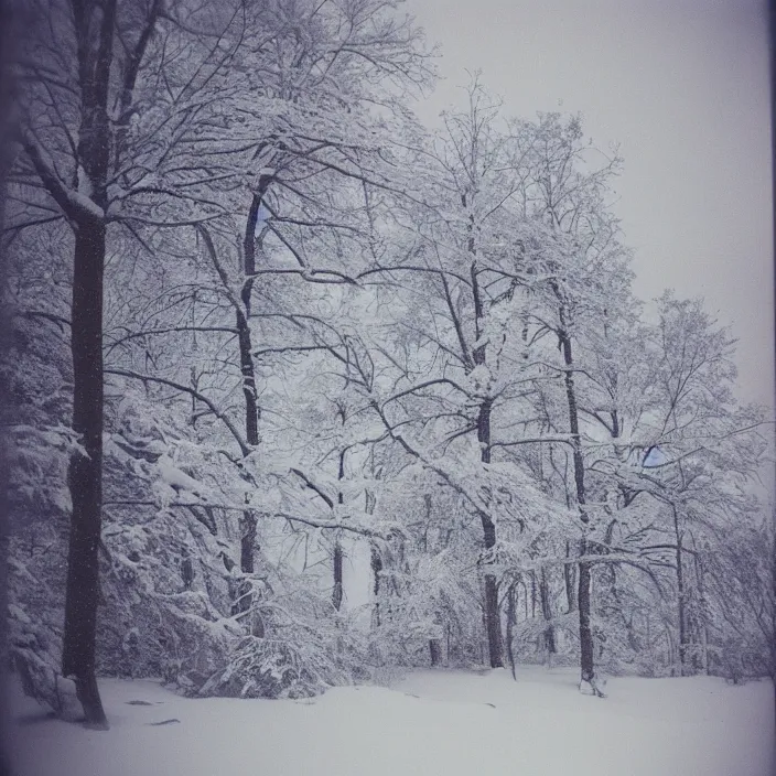Prompt: atmospheric polaroid photo of a snowy taiga growing in an office building