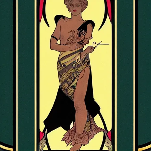 Prompt: the rider tarot card, the fool, illustrated in an art deco style by tamara de lempika and an elegant border by alphonse mucha. | ikinnana, studio lighting | digital painting, stunning lighting, trending on artstation | - h 8 0 0 - w 4 0 0 - n 5