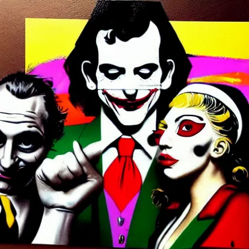 Image similar to richard hamilton and mimmo rottela and banksy as joaquin phoenix skinny joker holding hand lady gaga harley queen, ultra photorealistic, intricate details, pop art style, concept art, ultrarealistic, 3 colors, 4 k, smooth, sharp focus