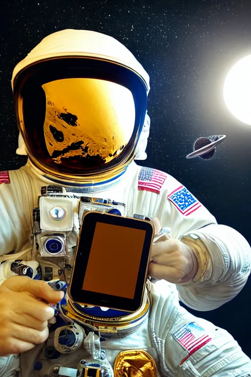 Image similar to extremely detailed studio portrait of space astronaut taking a selfie, holds a smart phone in one hand, phone!! held up to visor, reflection of phone in visor, moon, extreme close shot, soft light, golden glow, award winning photo by letizia battaglia